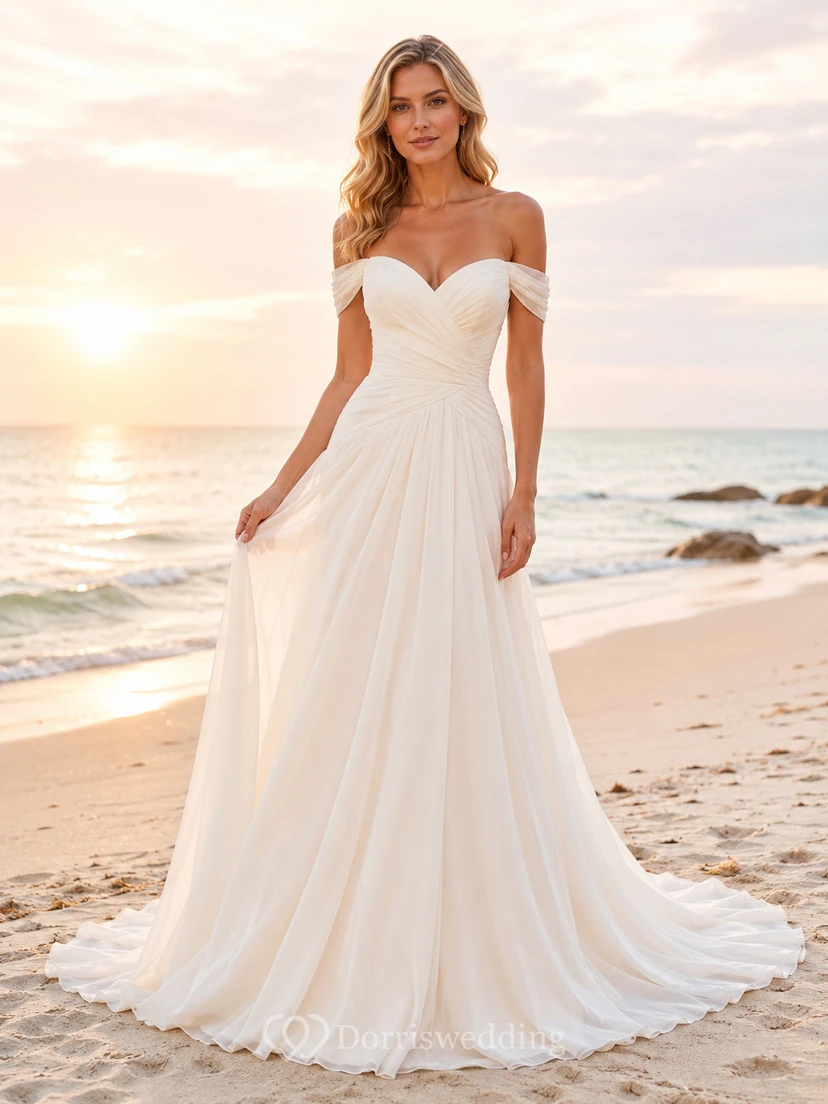 Vestido de novia de gasa y tul para la playa, corte en A, hombros descubiertos, largo hasta el suelo.