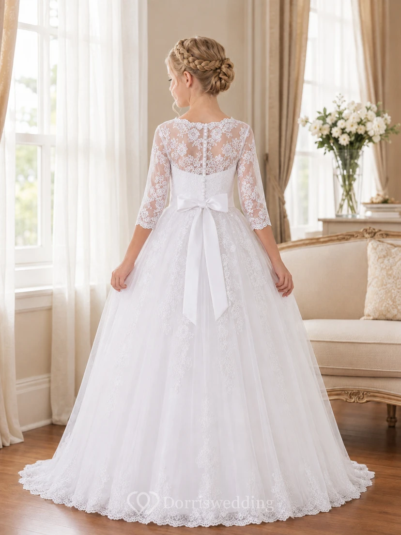 Robe de première communion en tulle à manches trois-quarts en dentelle et dentelle, style bateau view 2