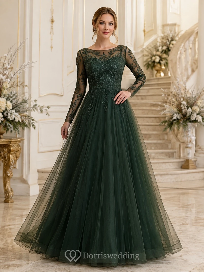 Dark Green Long Sleeve Illusion Lace Floor-Length Tulle Ball Gown Dress
