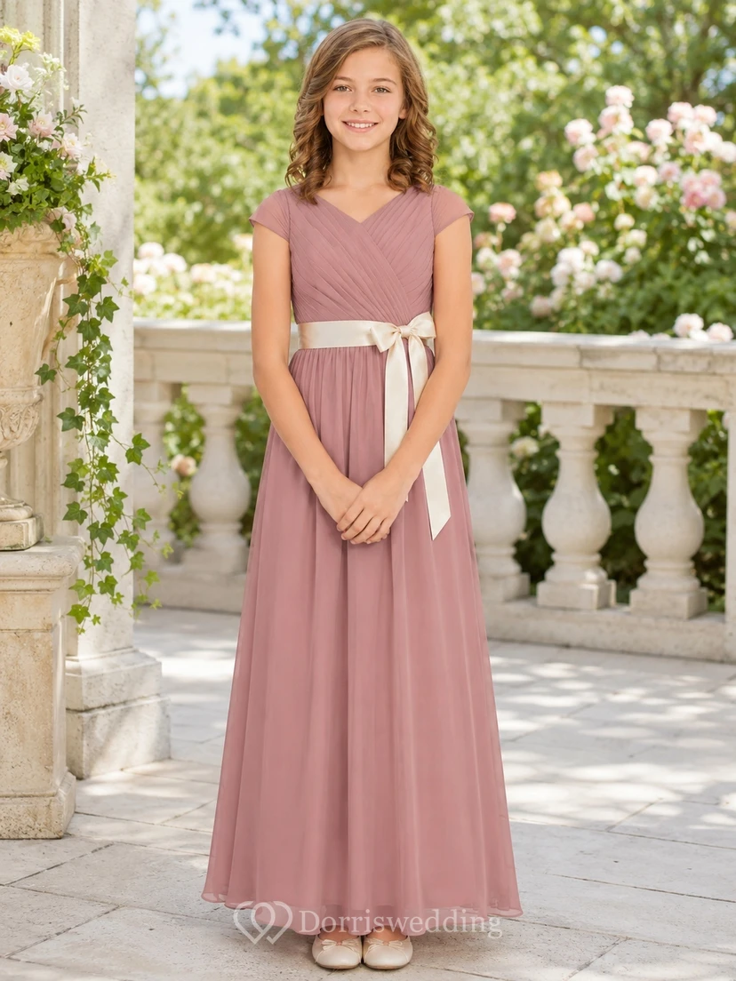 Vintage-Brautjungfernkleid in Mauve, A-Linie, V-Ausschnitt, kurze Ärmel, Chiffon, kontrastierende Schärpe, elegant
