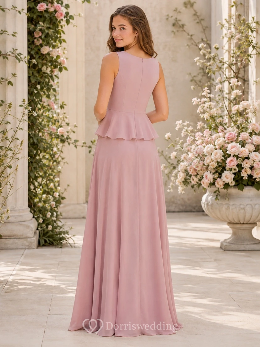 Brautjungfernkleid in Altrosa, A-Linie, ärmellos, Satin, plissiert, modern view 2