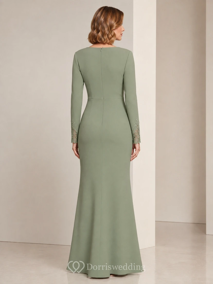 Vestido largo ajustado de manga larga con cuello joya en jersey verde salvia view 2