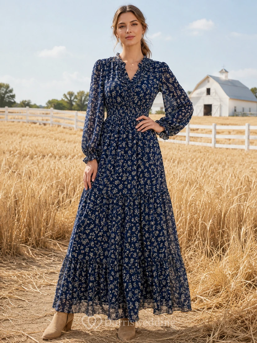 Modest Dark-Navy Floral V-Neck Poet-Sleeve Tiered Champetre Country Evening Dress