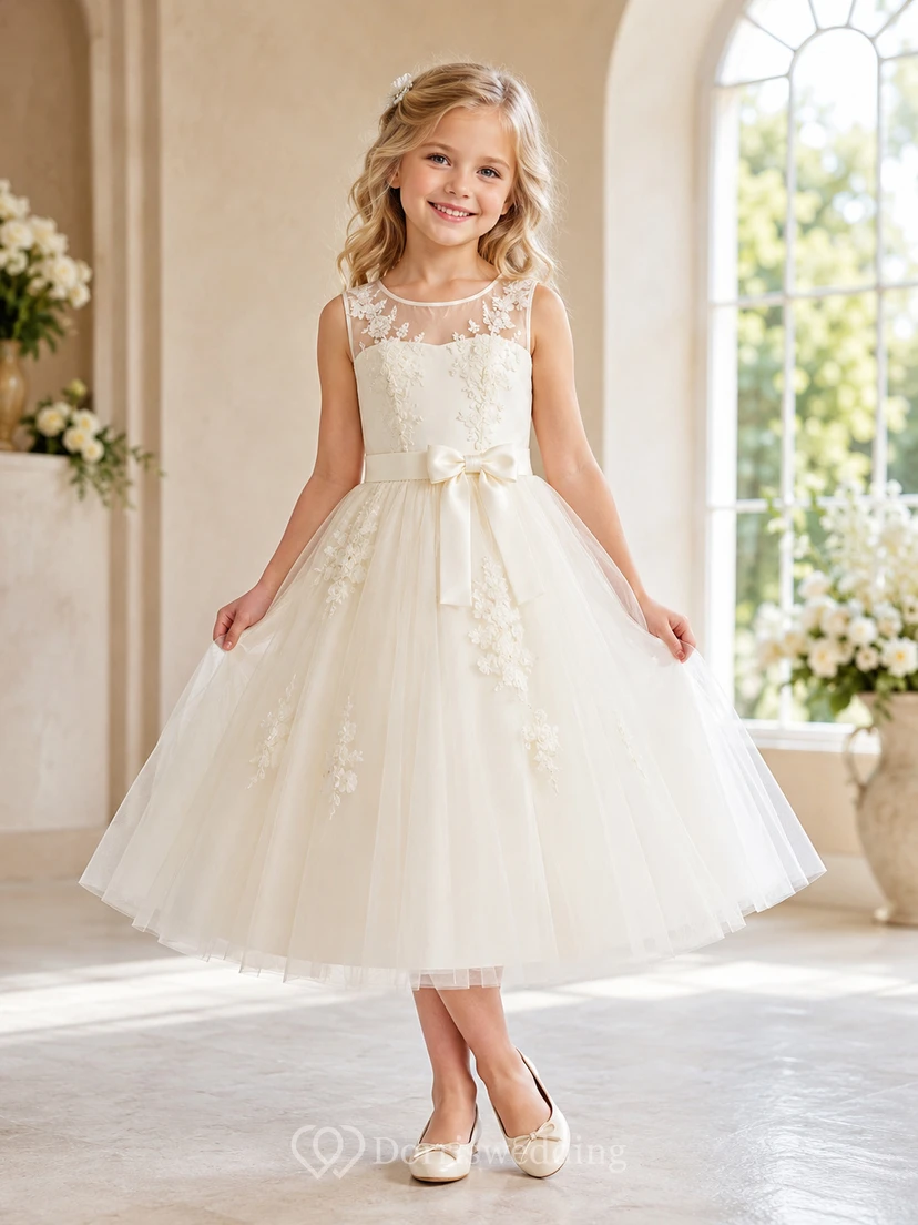 Robe romantique de demoiselle d'honneur en tulle et dentelle, coupe trapèze, col bijou, sans manches, ornée d'un nœud.