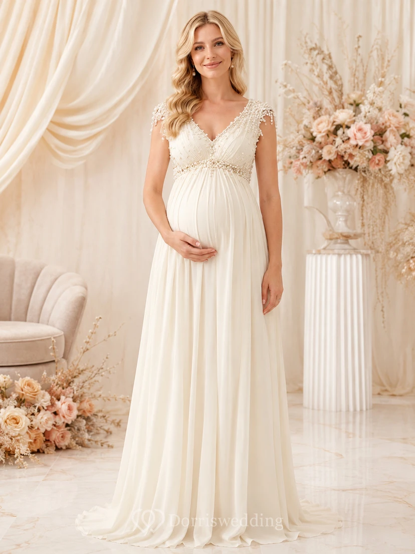 Robe de mariée romantique de maternité à col en V, manches courtes, en dentelle et mousseline, style empire