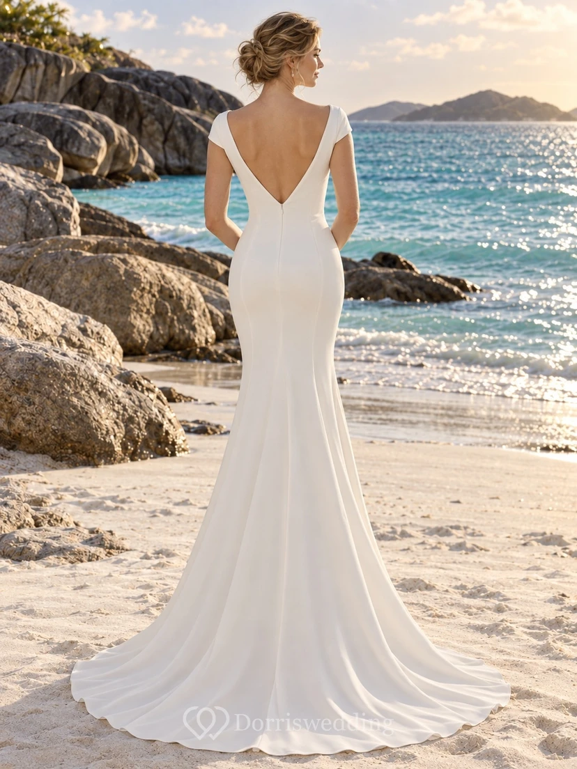 Robe de mariée sirène à manches bateau et traîne simple view 2
