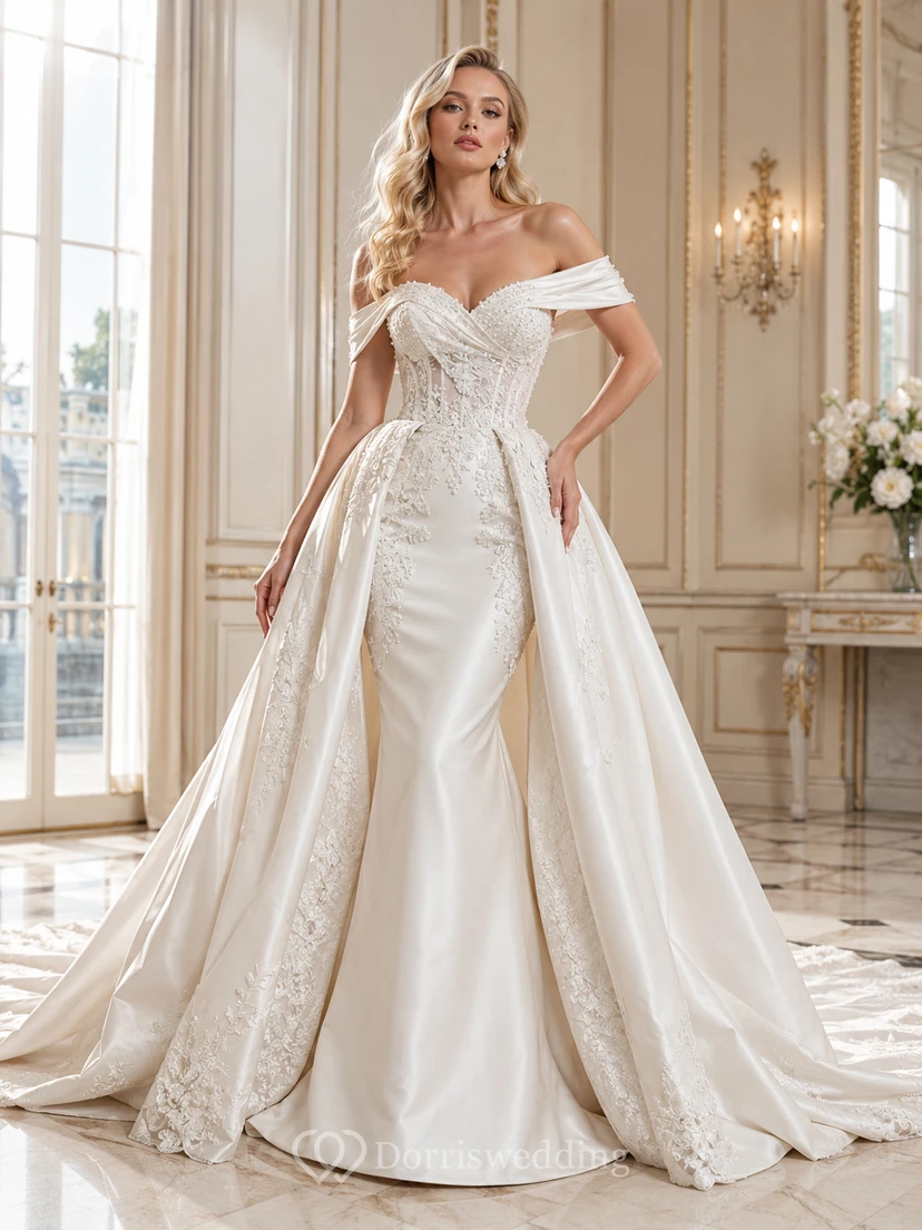 Robe de mariée en satin poli et dentelle, épaules dénudées, manches courtes, traîne chapelle, fermeture éclair au dos