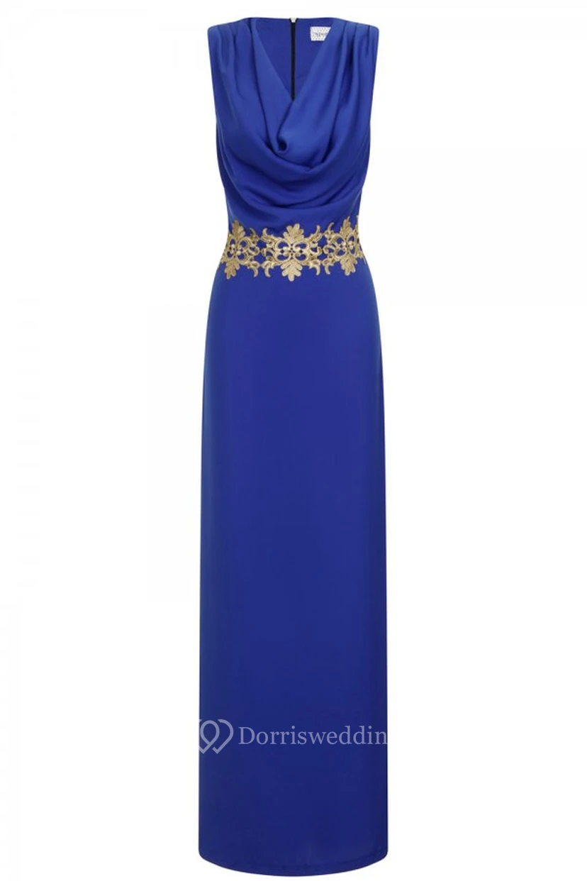 Cowl Neck Appliqued Sleeveless Satin Bridesmaid Dress With Split Front view 2