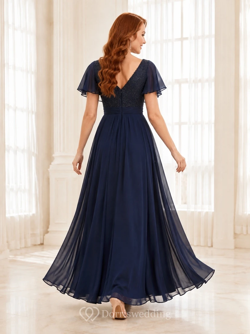 Vestido de quinceañera de gasa azul marino oscuro con escote en V y manga corta, corte en A view 2