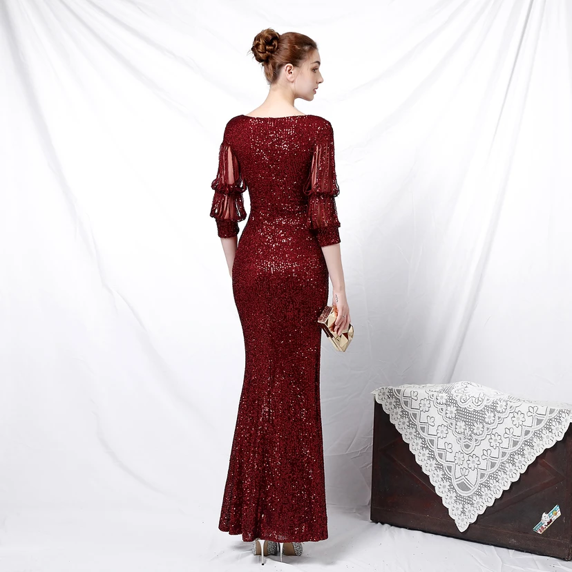 Elegantes, langärmeliges Paillettenkleid im Meerjungfrauenstil mit Meerjungfrauenschnitt – perfekt für festliche Anlässe. view 6
