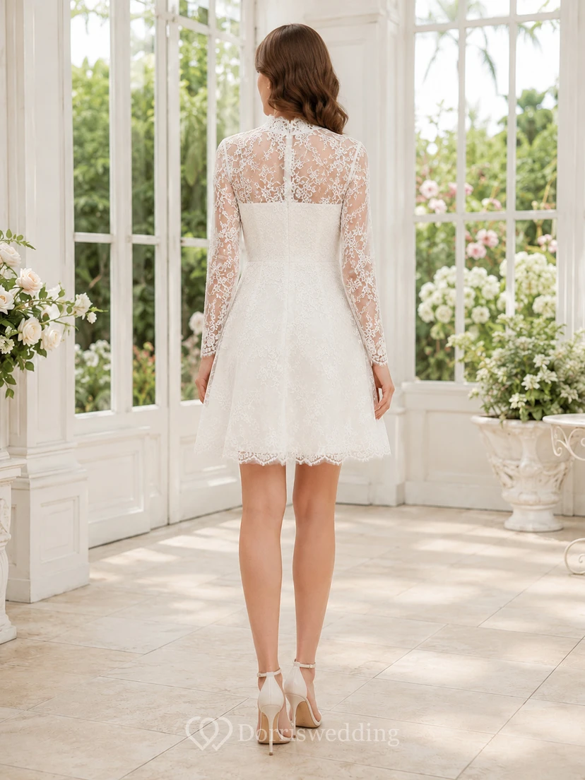 Modest High Neck Long Illusion Sleeve Floral Lace Sheath Mini Wedding Dress view 2