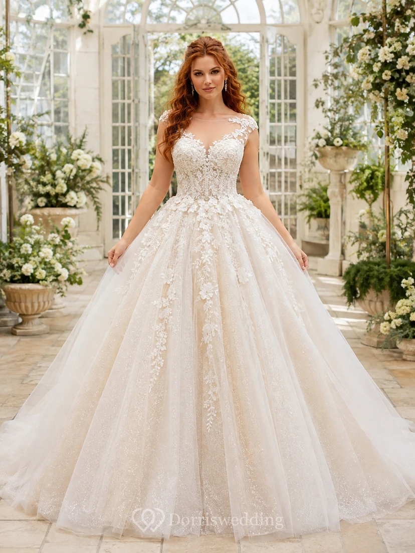 Champagne Lace Ball Gown Bridal Dress V-neck Sleeveless Cathedral Train