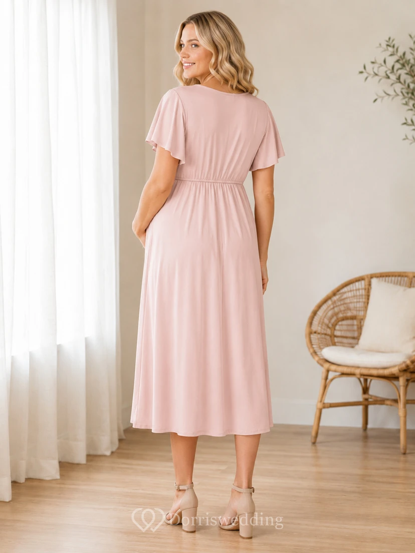 Robe de maternité rose poudré à prix abordable, col en V, manches papillon, coupe empire, en jersey, longueur thé view 2