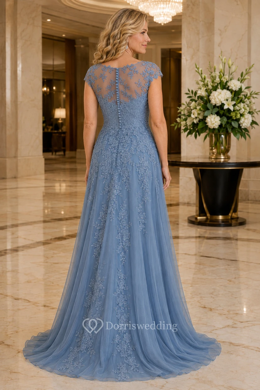 Stahlblaues A-Linien-Kleid aus Spitze und Tüll mit kurzen Ärmeln view 2