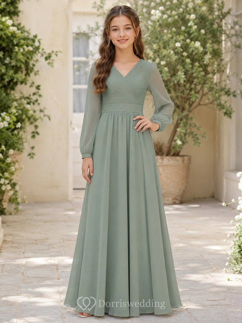Celadonfarbenes Brautjungfernkleid für junge Damen, A-Linie, V-Ausschnitt, lange Ärmel, plissiert, dezent