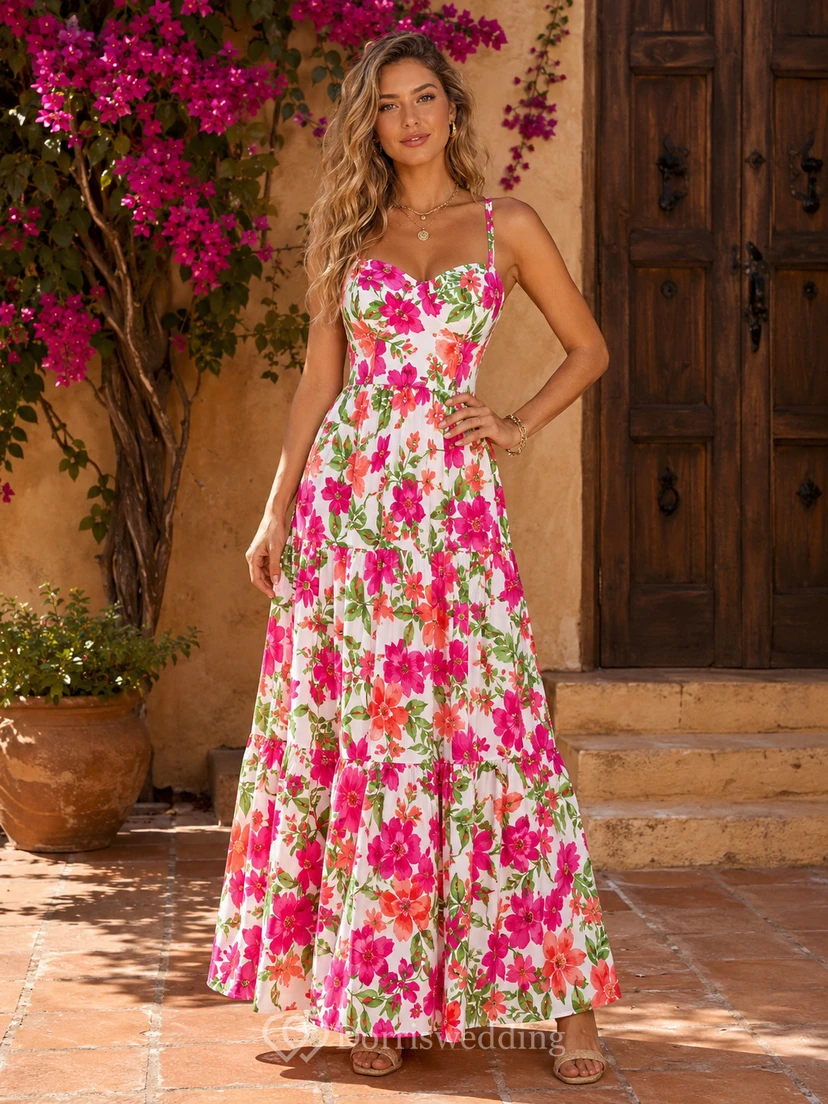 Pink floral spaghetti strap A-line resort maxi dress