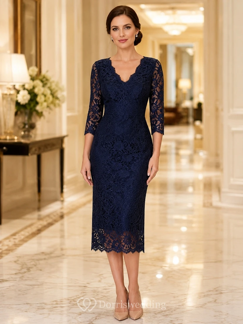 Navy V-Neck Three-quarter Sleeve Lace Sheath Tea-length Scalloped Formal Dress