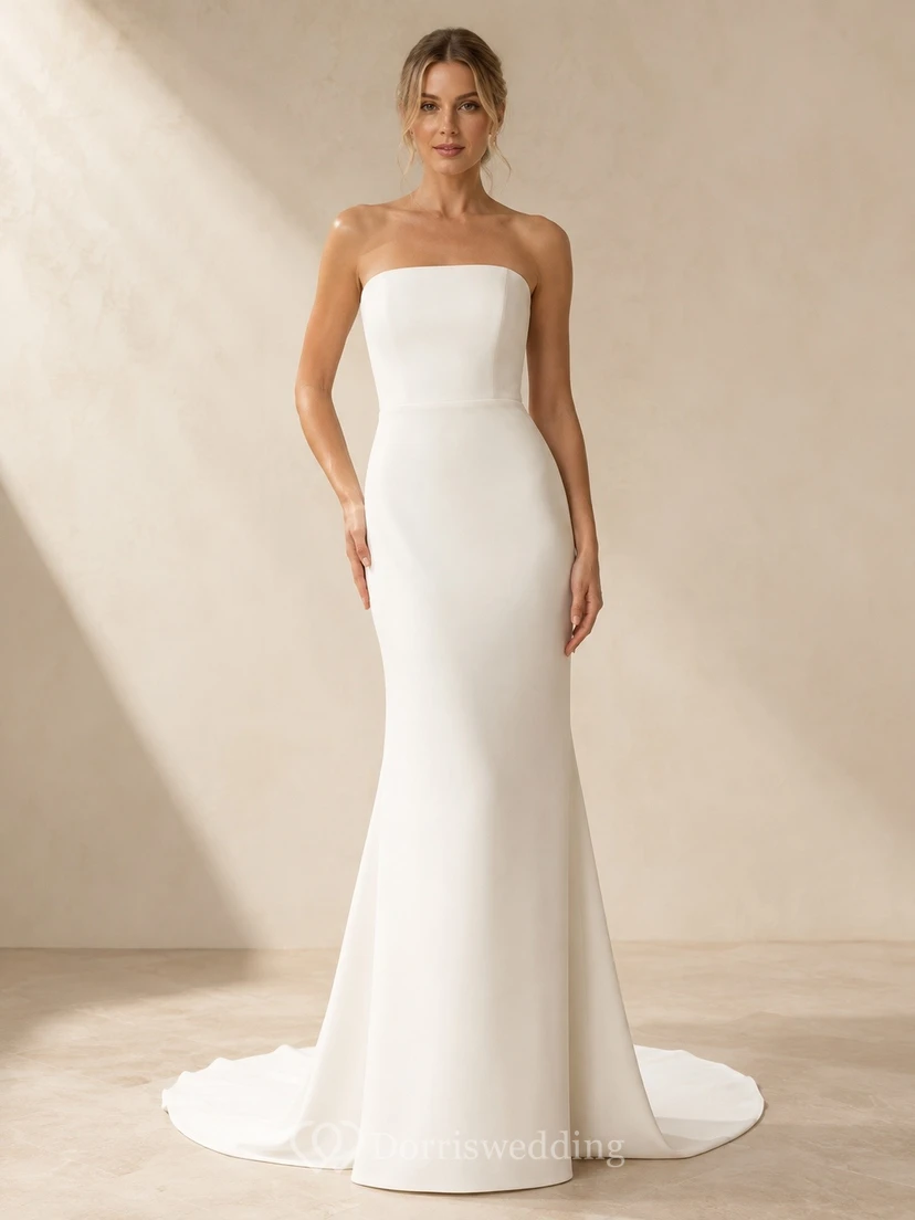 Simple Minimalist Sheath Strapless Sweep Train Wedding Dress