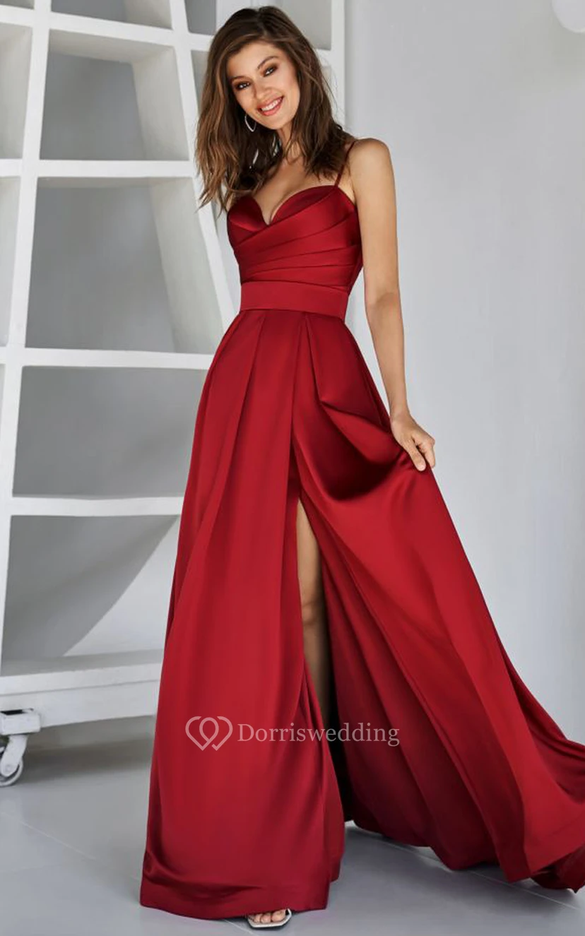 Sweetheart Spaghetti Sheath Front Split Ruched Dress