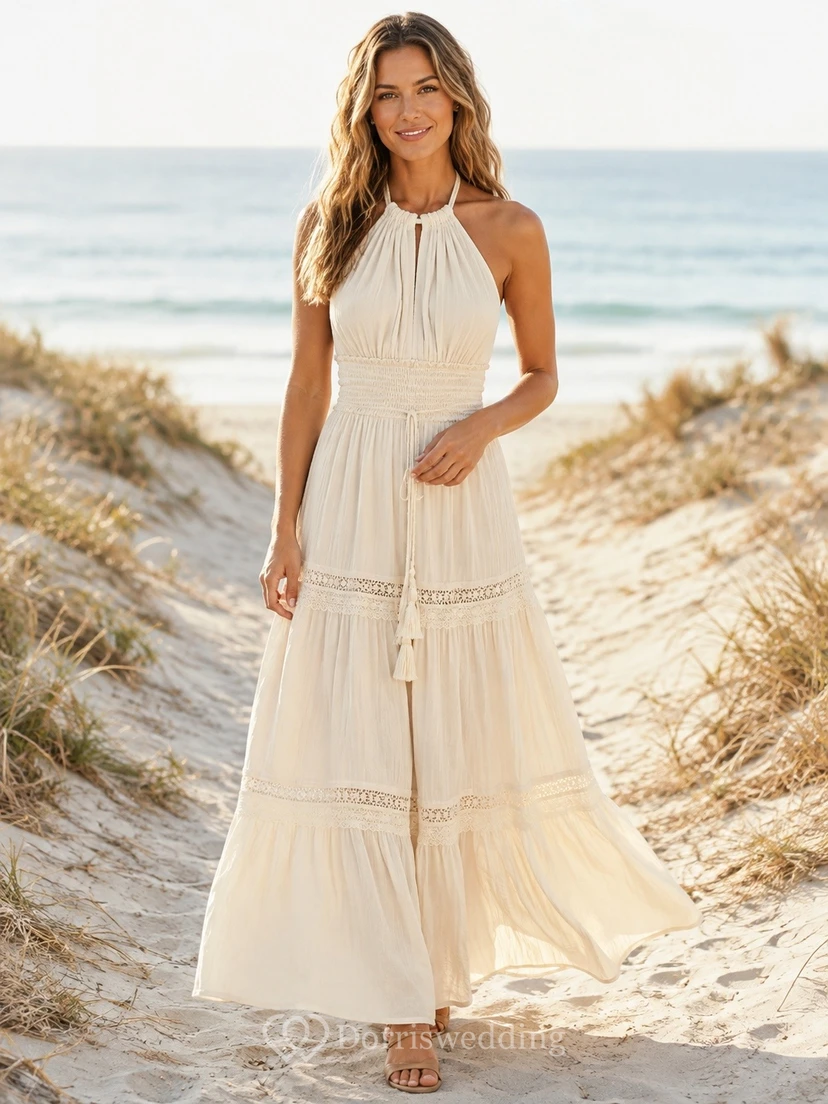 Boho Beach Halter Backless A-line Lace Trim Maxi Dress