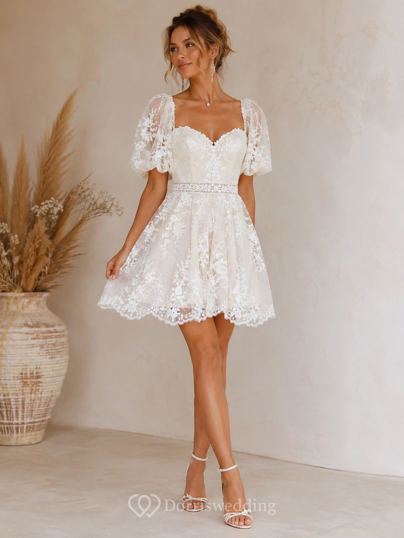 Boho Short Lace Wedding Dress with Puff Sleeves, Sweetheart Neckline & Scalloped Bridal Mini Skirt