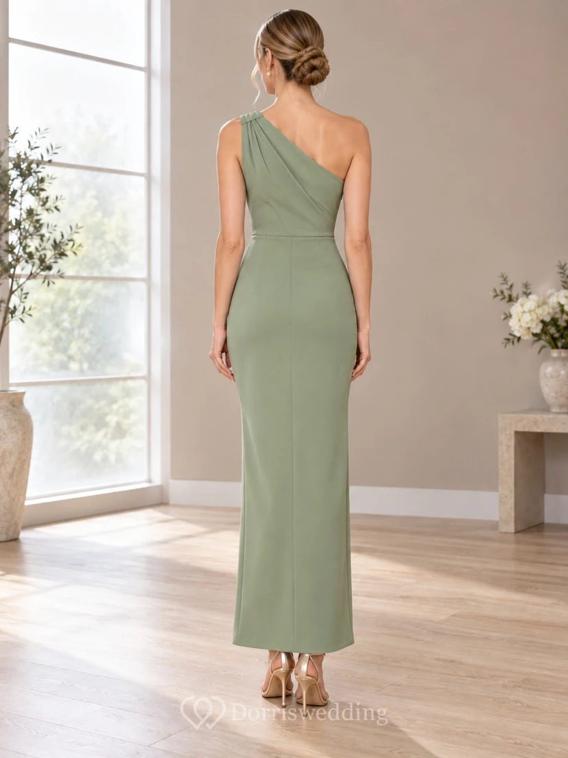 Simple Sage One Shoulder Smooth Column Ankle Length Guest Dress view 2