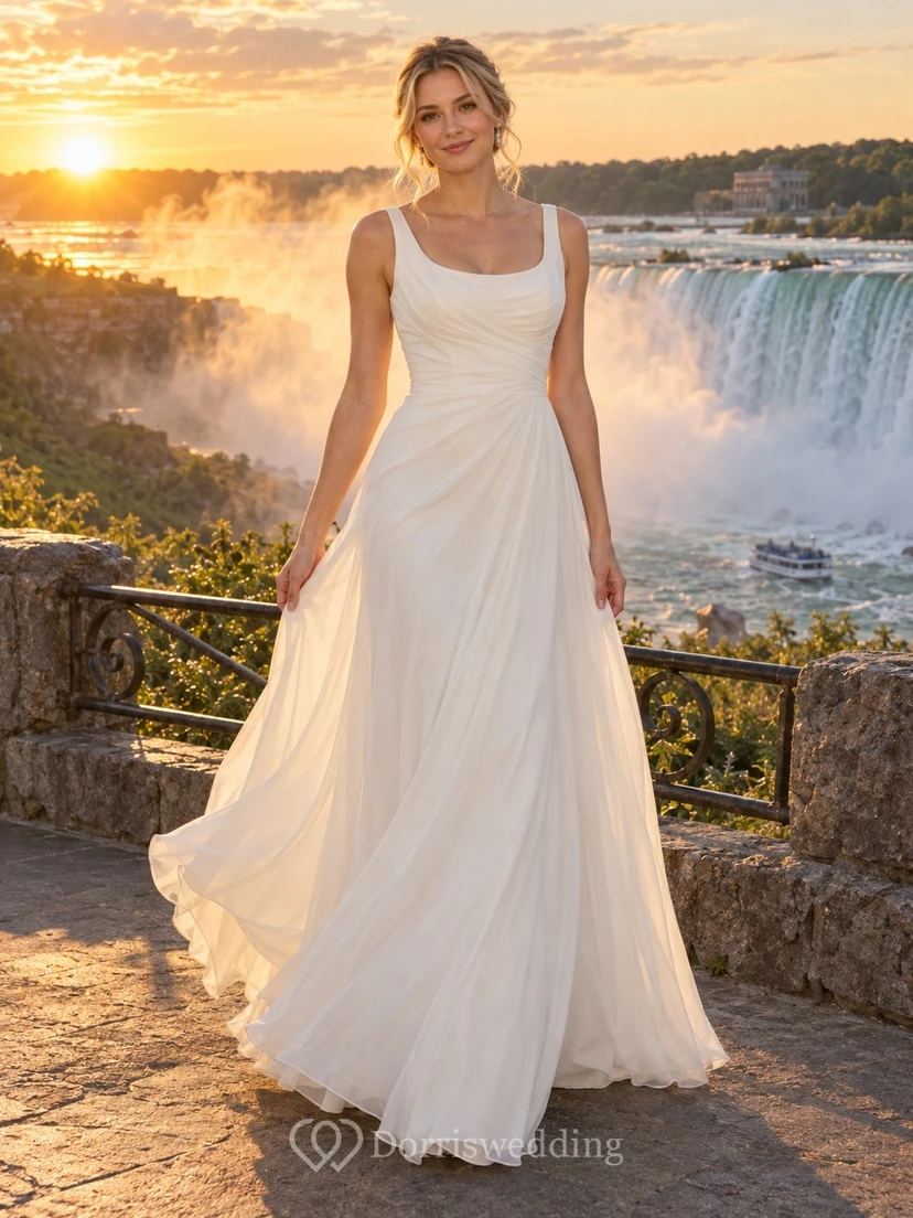 Schlichtes, ärmelloses, drapiertes Chiffon-Brautkleid in A-Linie mit Wasserfallausschnitt und bodenlanger Passform