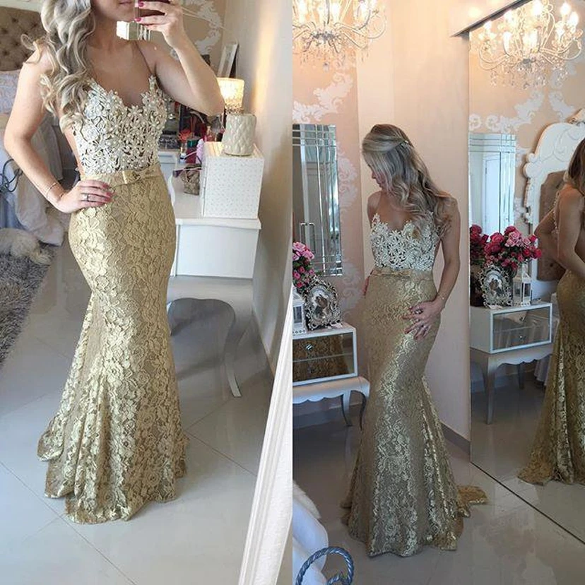 Modern Lace Appliques Mermaid Prom Dress Straps Sweep Train Bowknot view 2