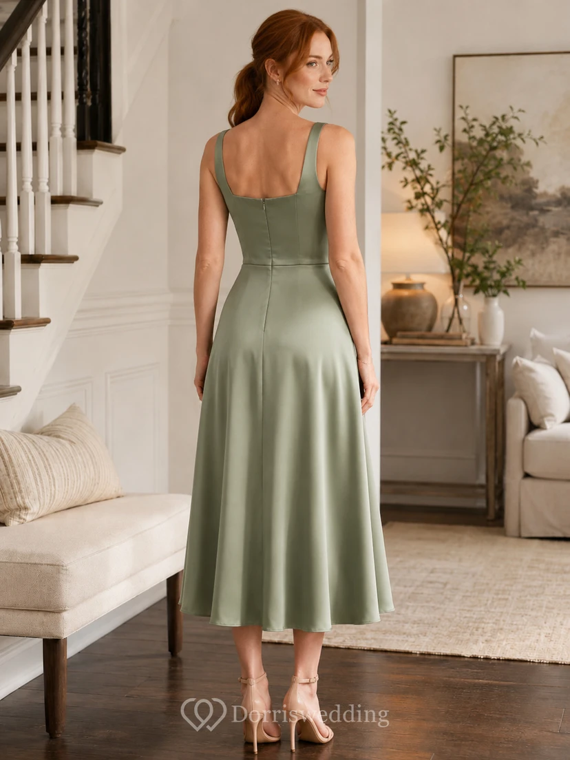 Sage Square Neck Wide Strap Satin A Line Midi Dress view 2