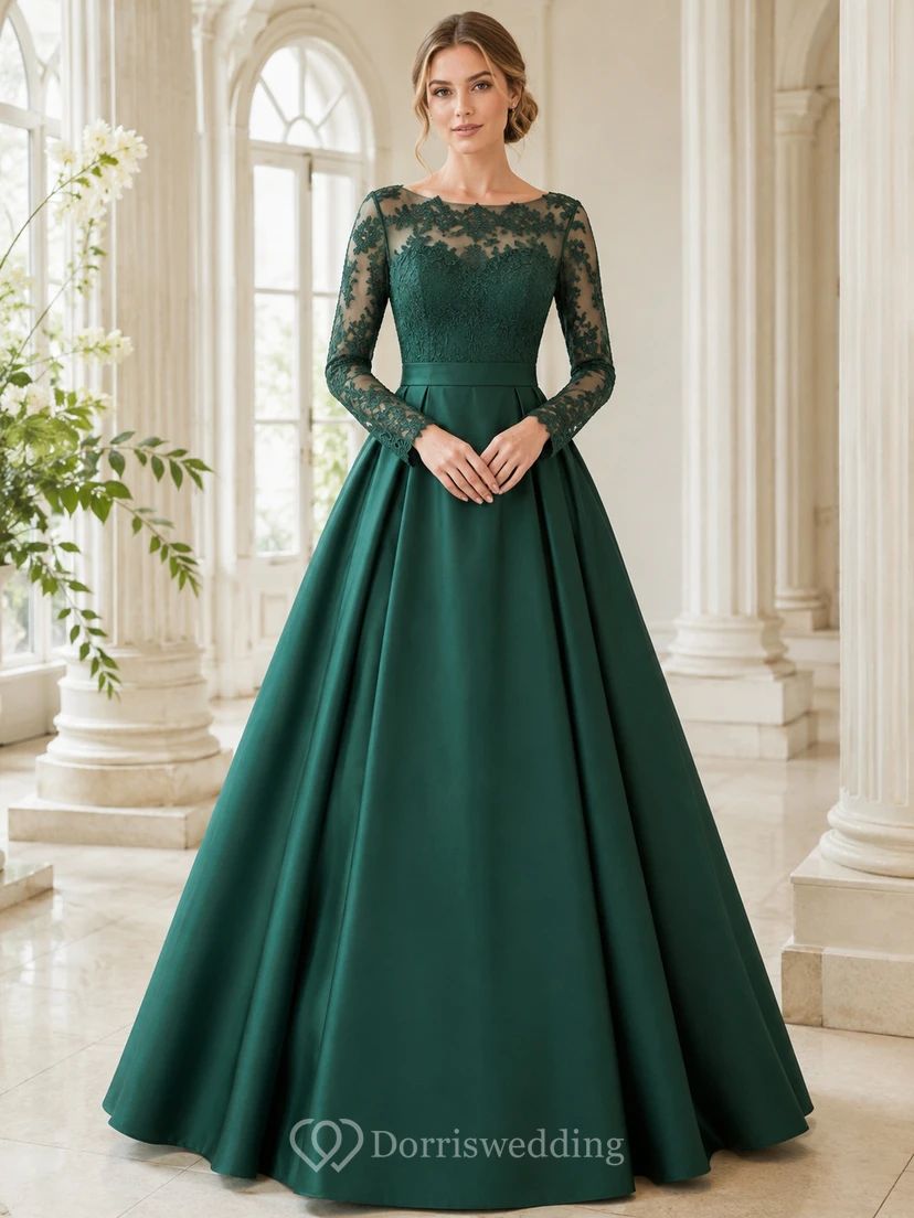 Vestido de gala largo de satén con mangas largas y encaje ilusión verde esmeralda