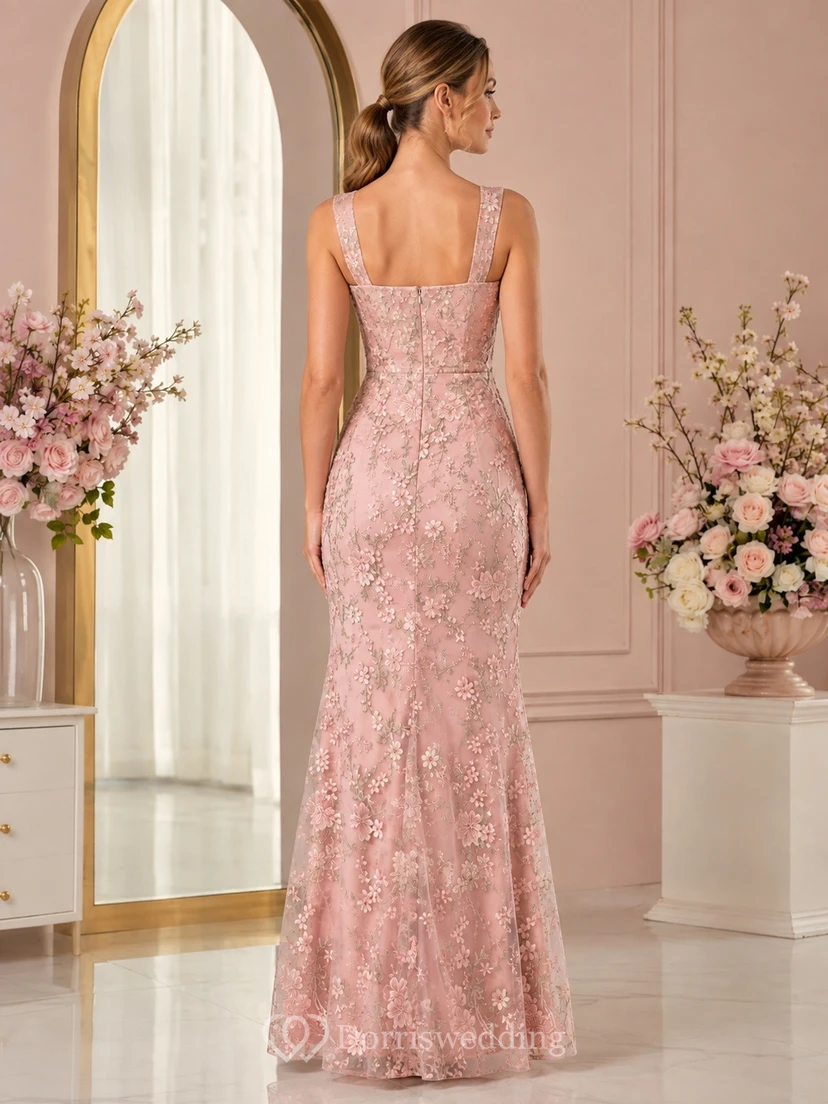 Square Neck Mermaid Floral Lace Pink Sleeveless Embroidered Evening Dress view 2