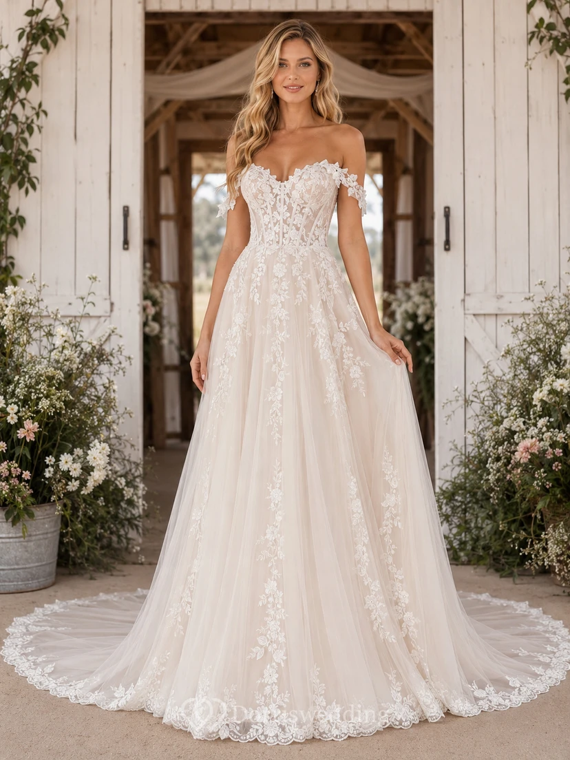 Brautkleid im Landhausstil mit Spitze, A-Linie, schulterfrei, Schleppe und tiefem V-Ausschnitt am Rücken