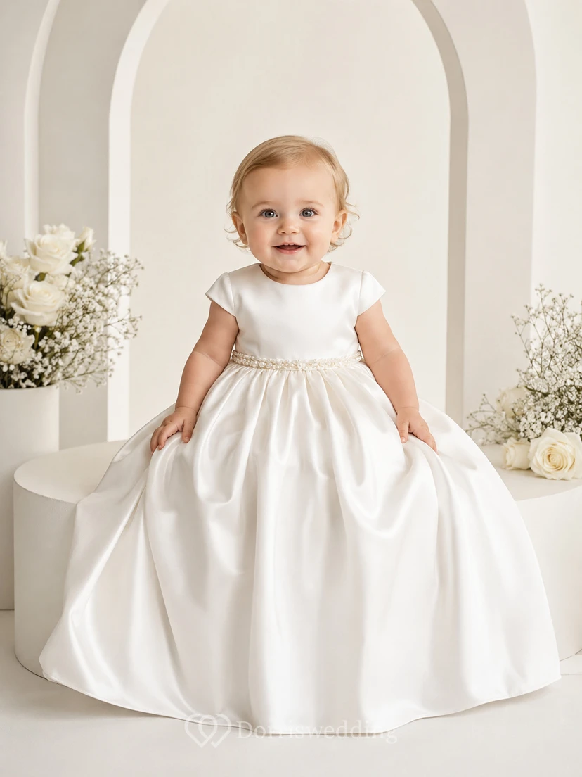 Round Neck Christening Gown A-Line Satin Lace Sleeveless Bow Back