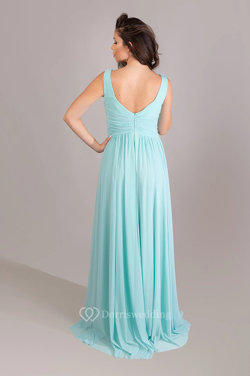 Modernes ärmelloses, bodenlanges Chiffon-Abendkleid in A-Linie mit Schleppe, Reißverschluss und Raffungen view 2