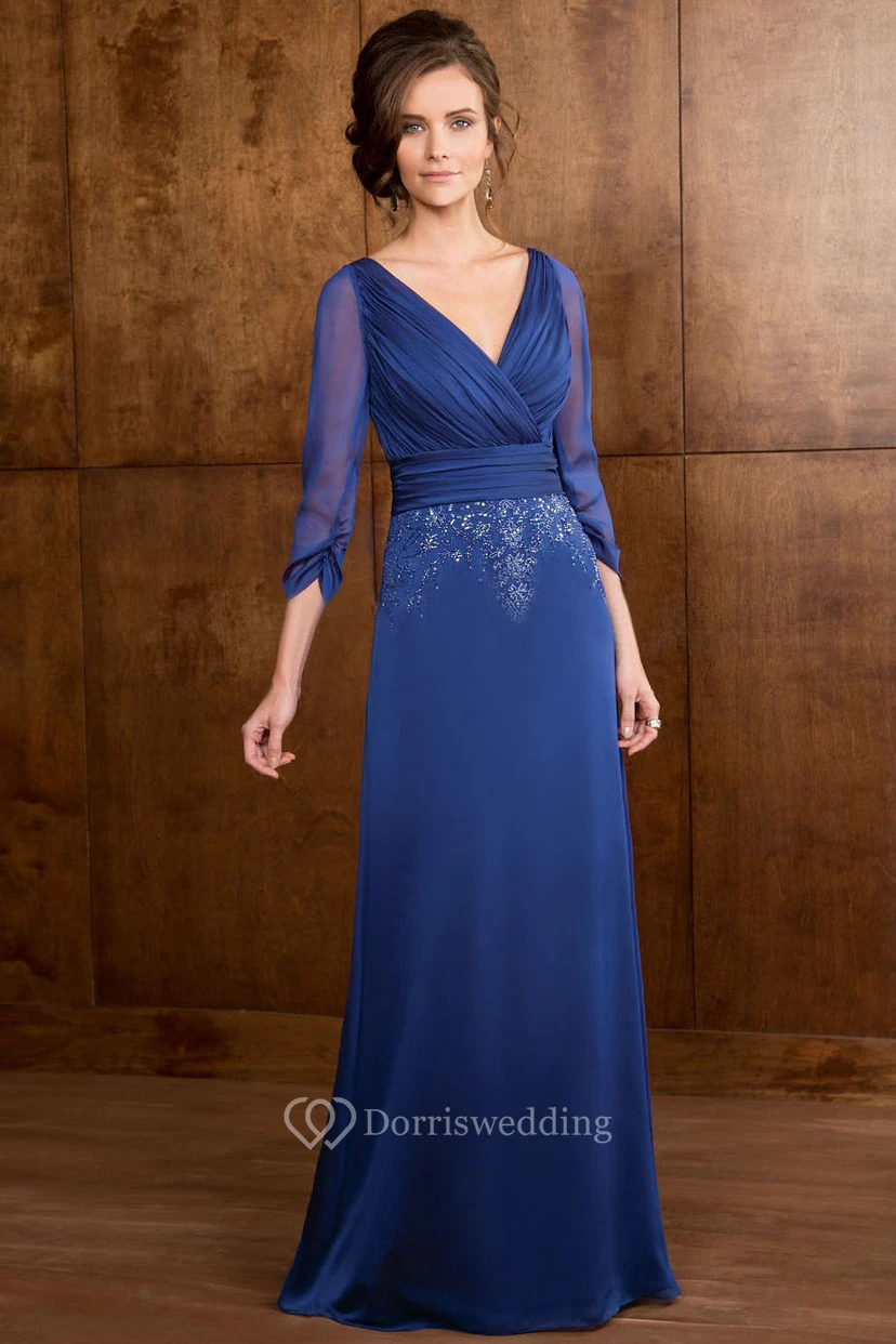 Sheath 3-4-Sleeve Floor-Length V-Neck Ruched Jersey Mother Of The Bride Dress With Beading