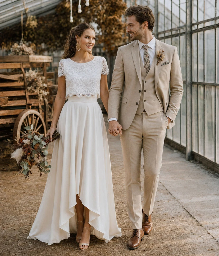 Zweiteiliges, bodenlanges Brautkleid im Böhmischen Stil aus Satin und Spitze mit kurzen Ärmeln und Falten video preview