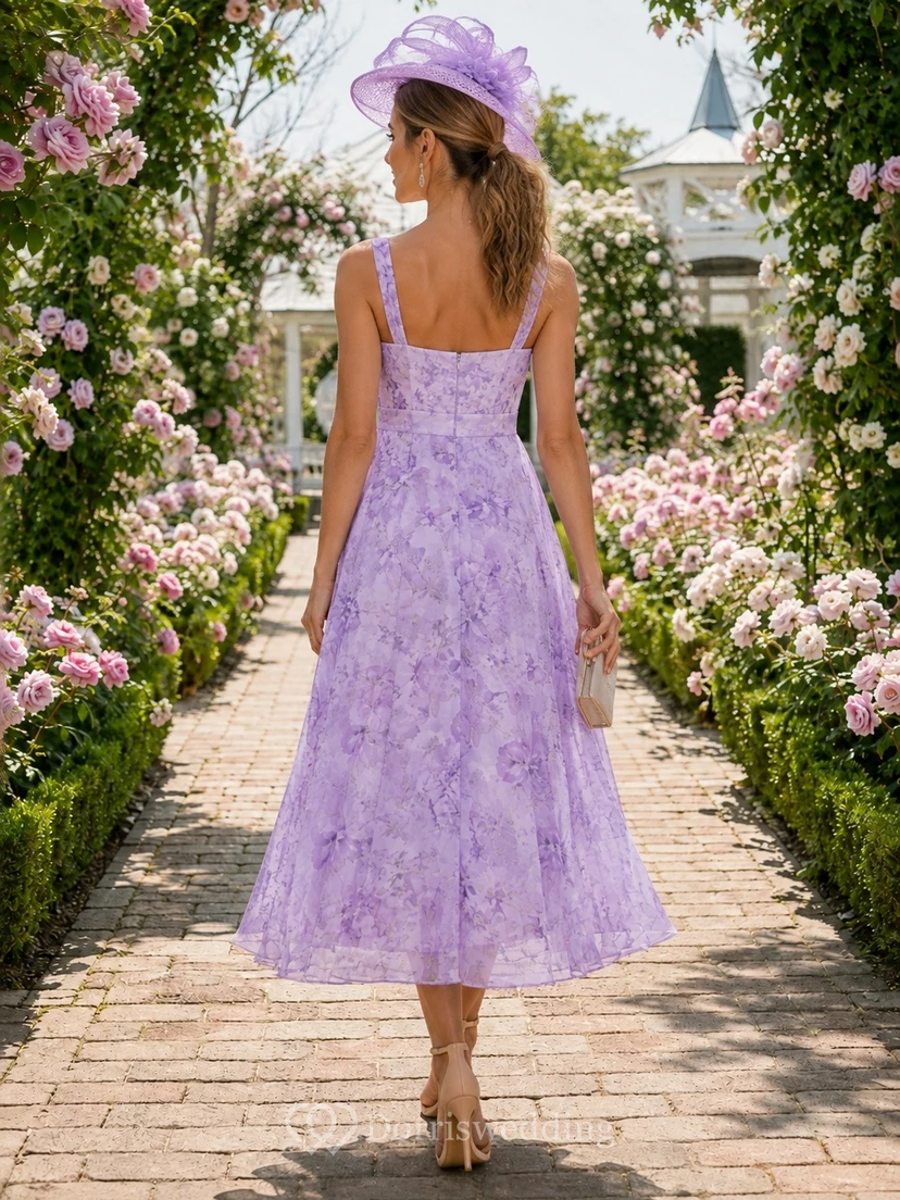 Lavender Floral Chiffon V-neck Sleeveless A-Line Midi Dress view 2