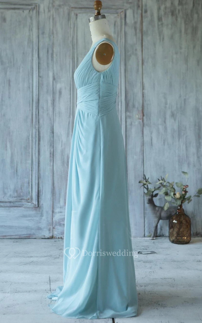 V Neck V Back Sheath Chiffon Long Dress With Ruching view 3