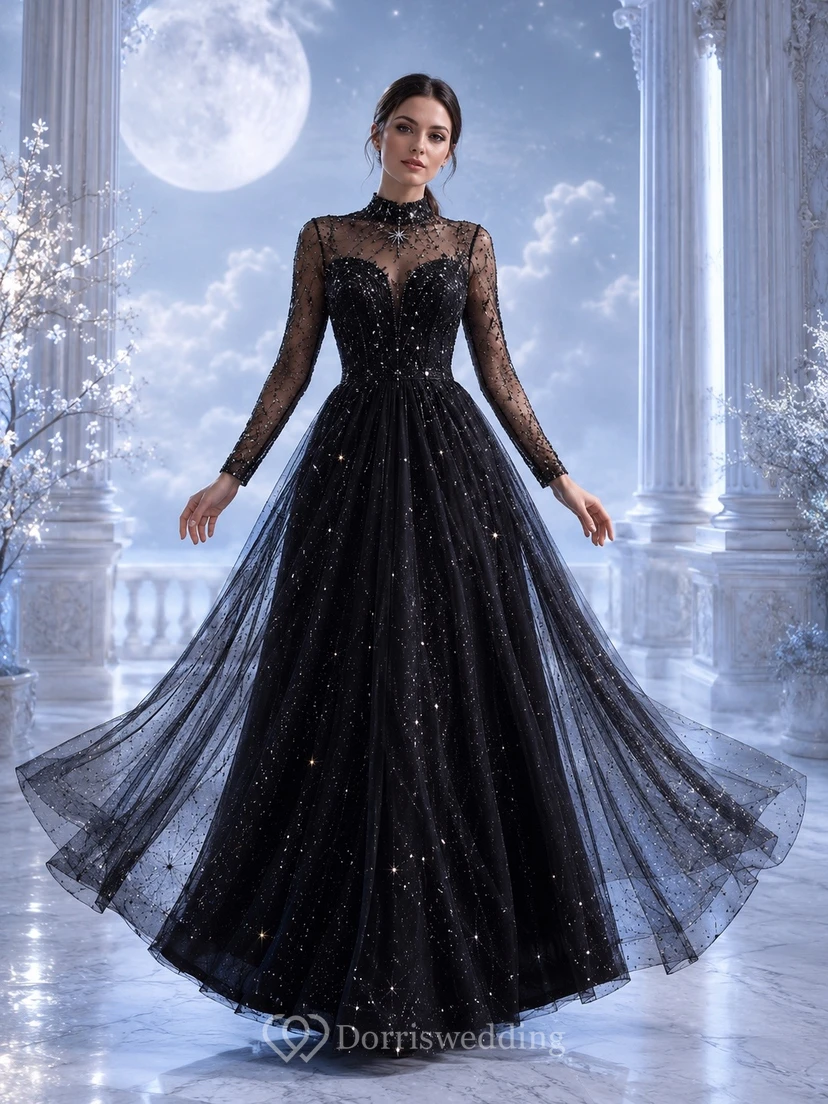 Black High-Neck Long-Sleeve Illusion Glitter-Tulle Ball Gown Floor-Length Fantasy Dress