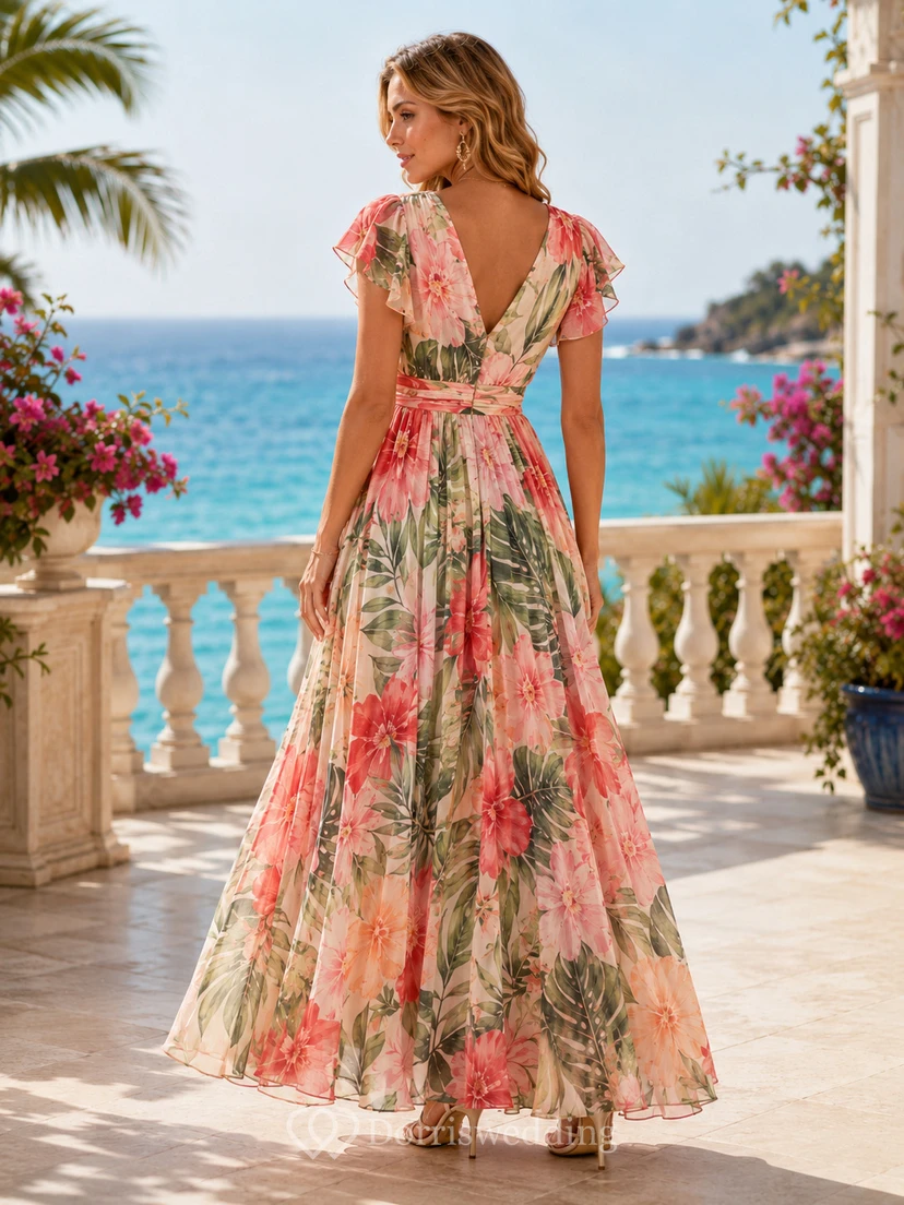 Coral Tropical Print Flutter Sleeve Resort Maxi Dress view 2