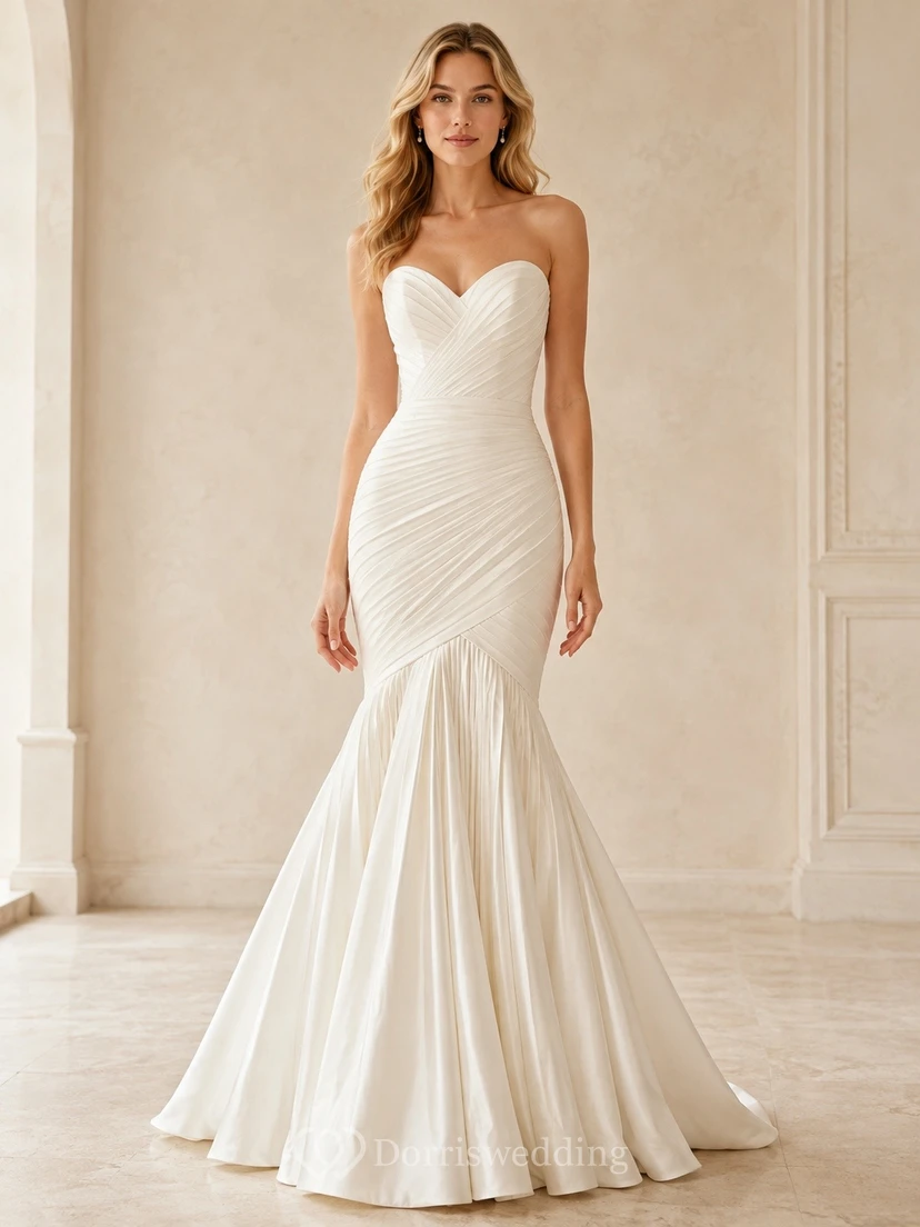 Schlichtes, bodenlanges, ärmelloses Brautkleid mit Herzausschnitt im Meerjungfrauen-/Trompetenstil für formelle Anlässe