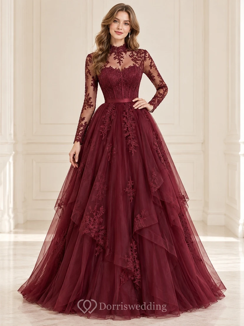 Robe de bal vintage bordeaux à col montant, manches longues en dentelle et tulle à volants