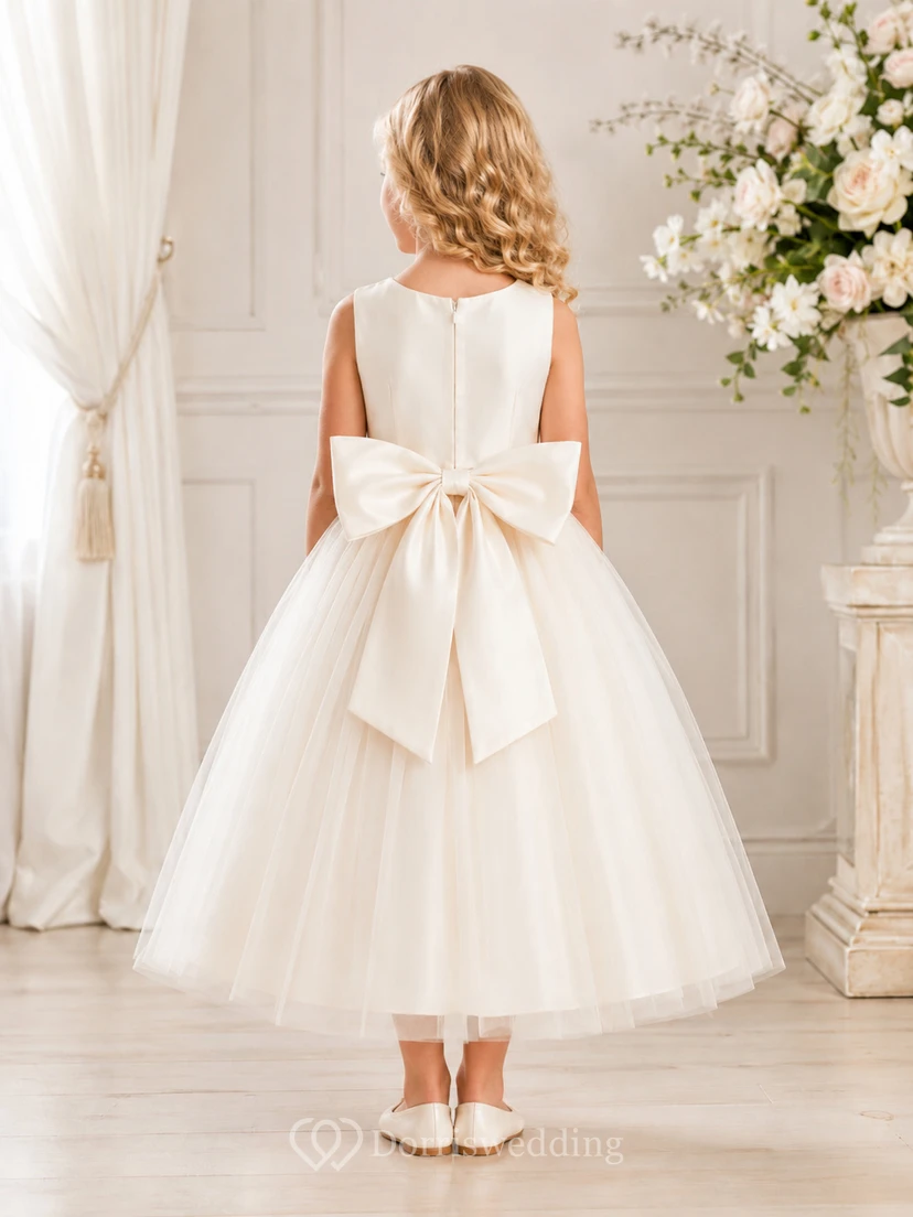 Bow Back Tulle A-Line Flower Girl Dress with Jewel Neck and Tea-Length Skirt view 2