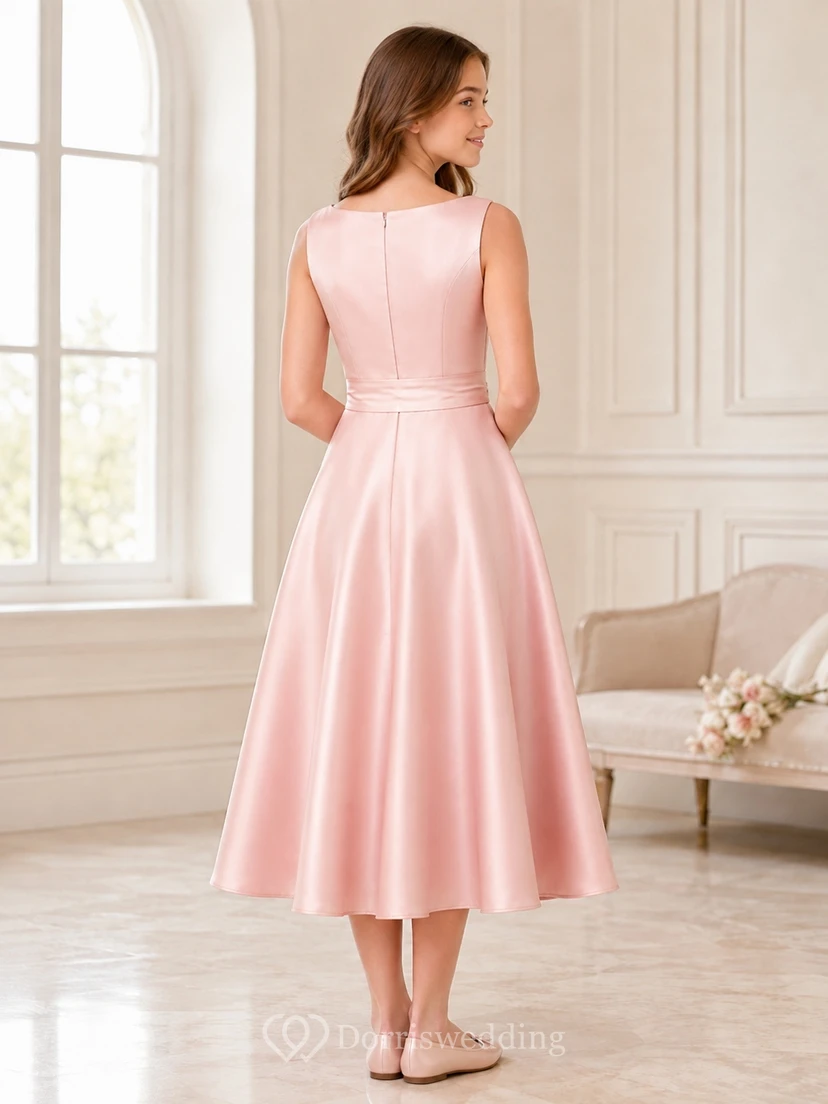 Elegantes, ärmelloses, rosafarbenes Satin-Brautjungfernkleid in A-Linie und Teelänge view 2