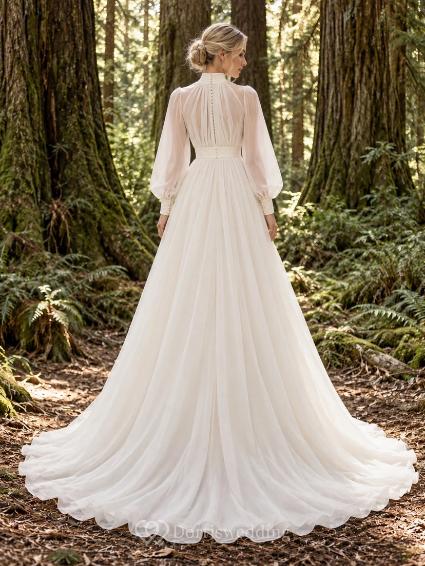 High Neck Long Sleeve Wedding Dress with Blouse Bodice Organza A-Line Sweep Train view 2