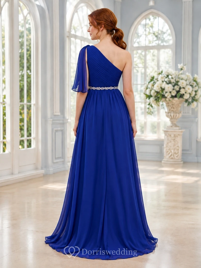 Royal Blue One-Shoulder Sleeveless Chiffon A-Line Floor-length Draped Prom Evening Dress view 2