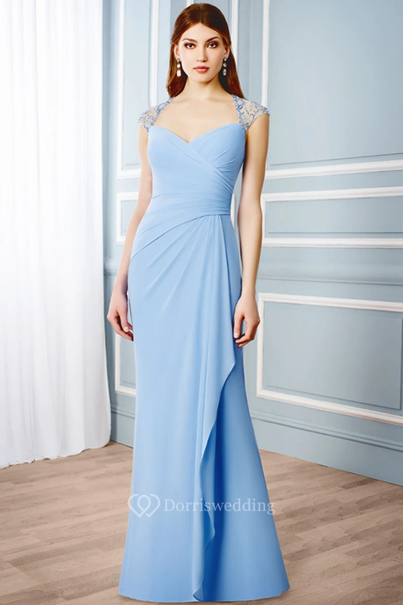 Maxi Draped Cap Sleeve V-Neck Chiffon Formal Dress