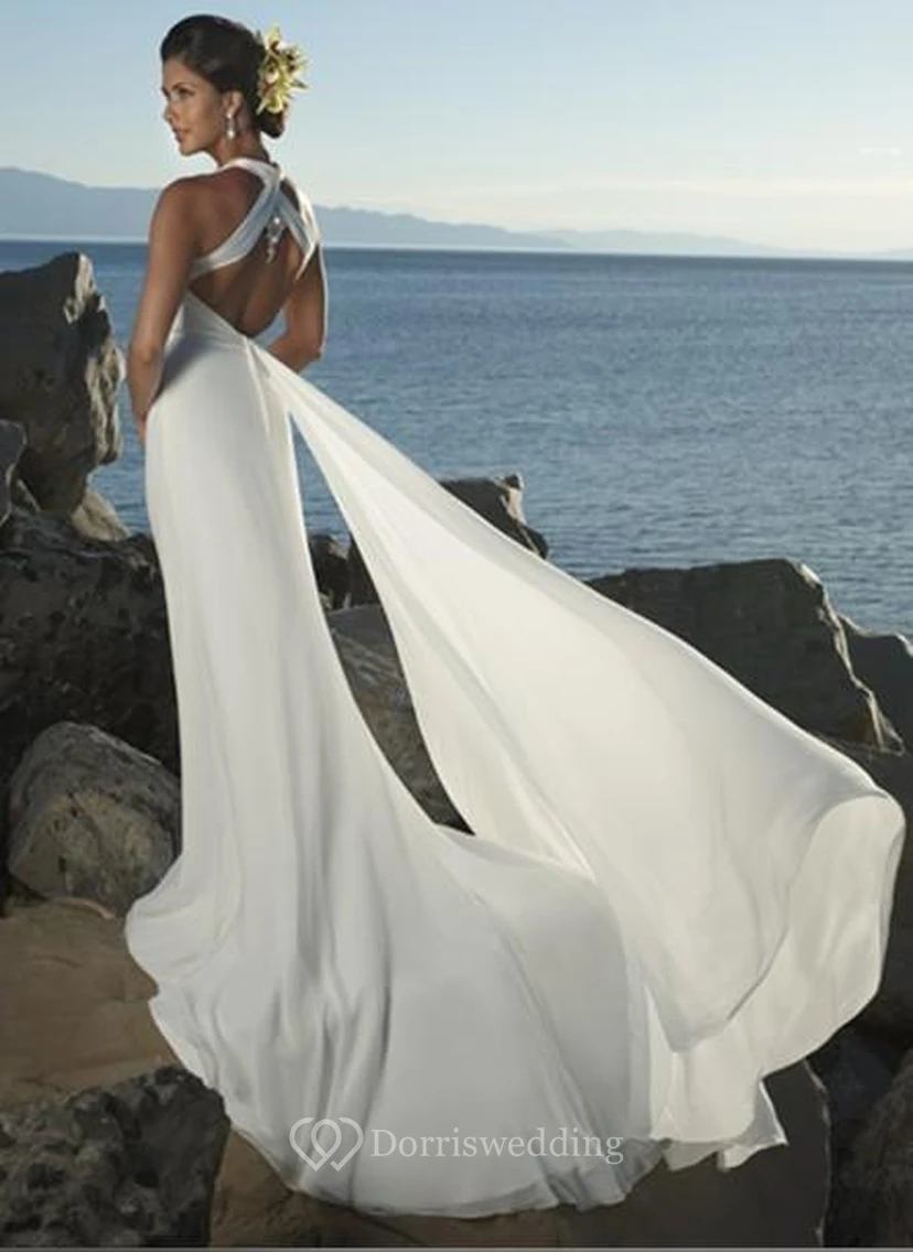 Etuikleid im Empire-Stil mit V-Ausschnitt, aus Chiffon, schlichtes Strand-Hochzeitskleid