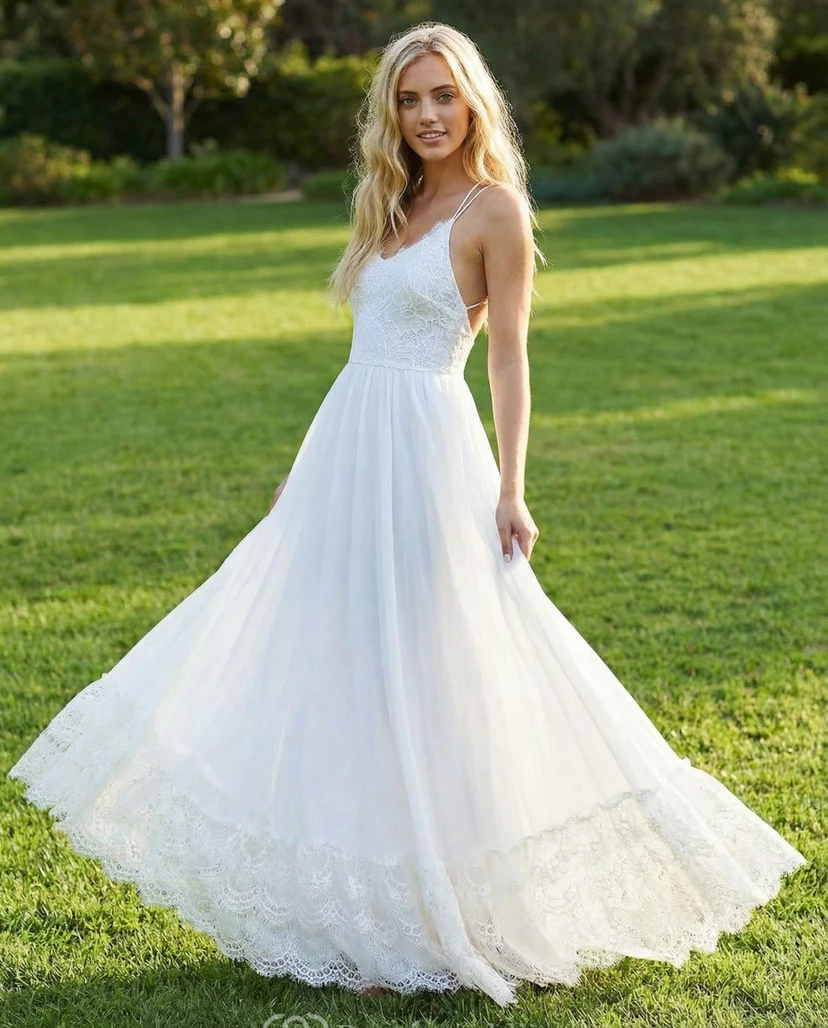 Robe de mariée bohème sans manches en dentelle et mousseline