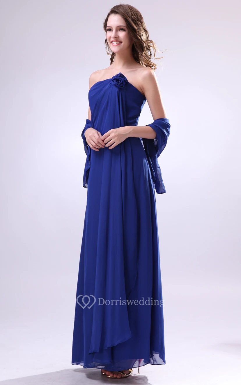 Chiffon Ankle-Length Dress With Ruched Cap and Flower view 2